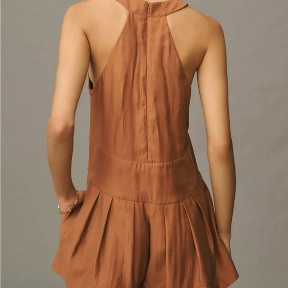 Brown and Red Pleated Jumpsuit with Plunge Neckline - Picture 3 of 7